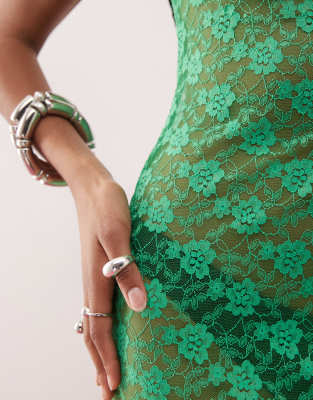 Collusion Fitted Square Neck Sheer Lace Maxi Dress In Green