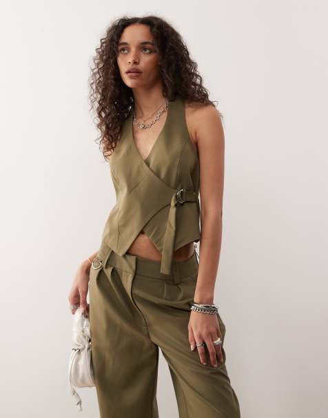 COLLUSION fitted tailored waistcoat co-ord in khaki - view 1