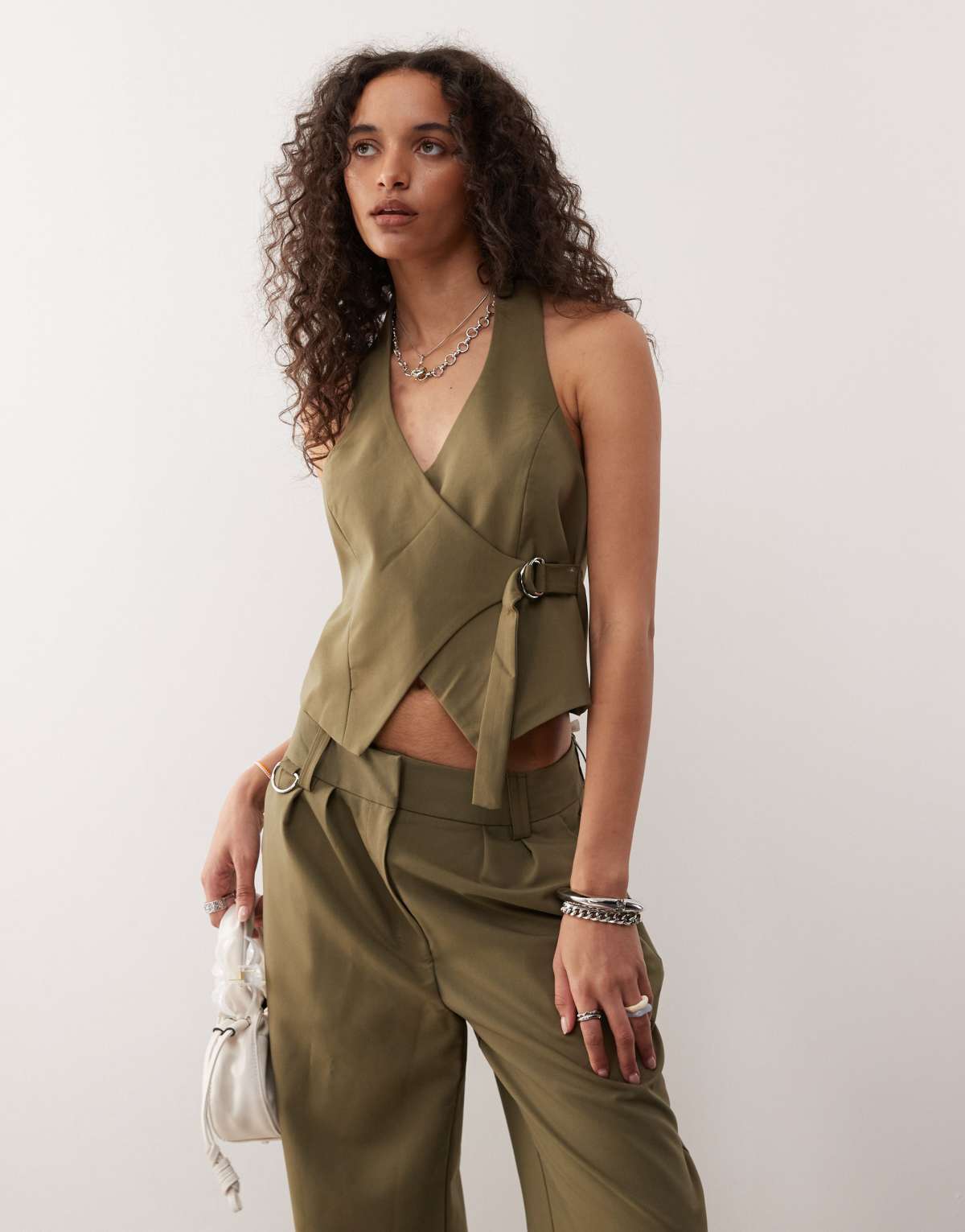 COLLUSION fitted tailored waistcoat co-ord in khaki