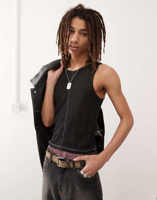 COLLUSION fitted tank top in tissue mesh with seam detail