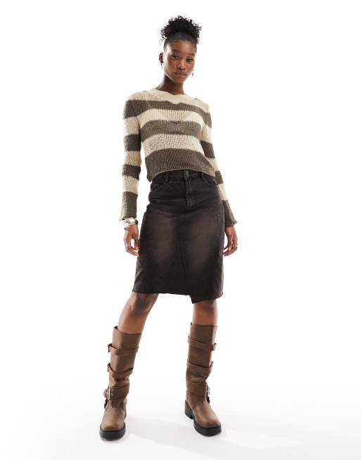 COLLUSION fitted v-neck knitted jumper in stone stripe, 3 of 4