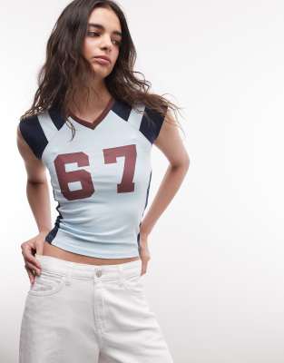 Collusion Fitted V Neck Number Tee In Blue