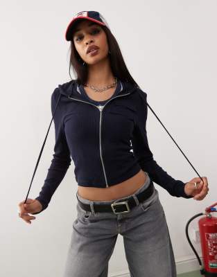 Collusion Fitted Waffle Hoodie In Navy
