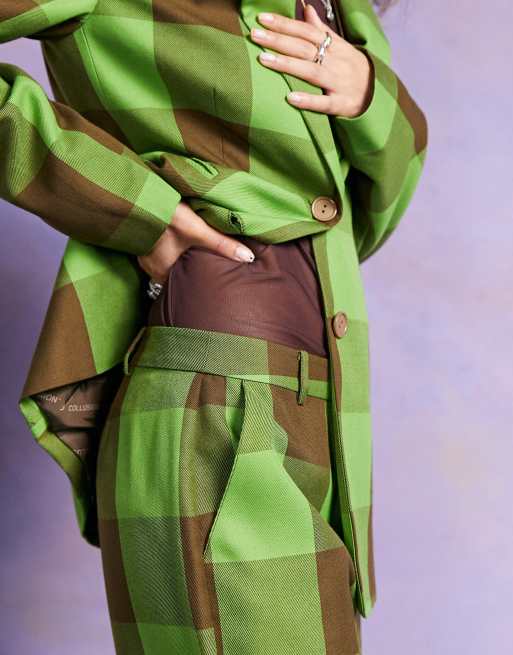COLLUSION flare pants in green and brown check, 2 of 4