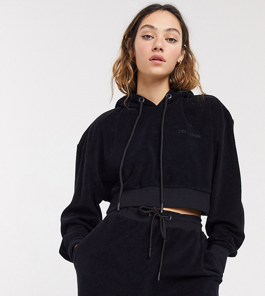 COLLUSION - Fleece cropped hoodie in zwart