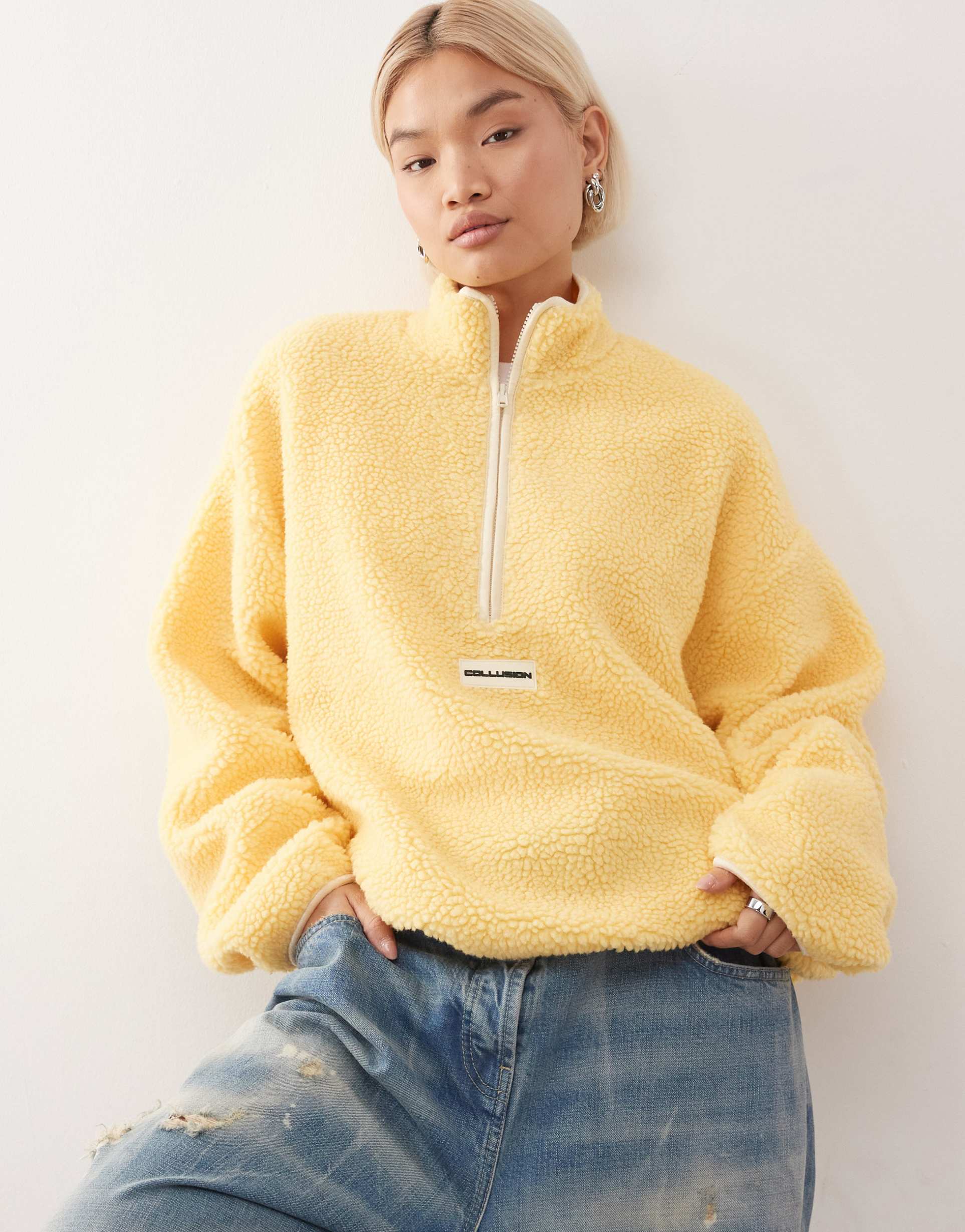 collusion fleece quarter zip in buttermilk yellow