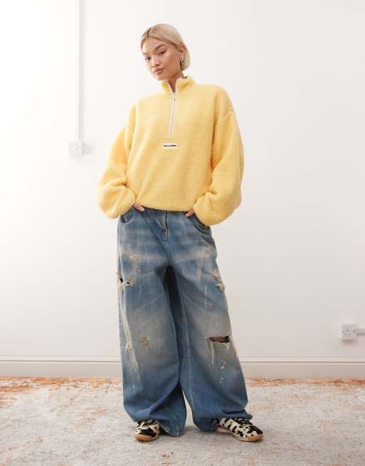 COLLUSION fleece quarter zip in buttermilk yellow