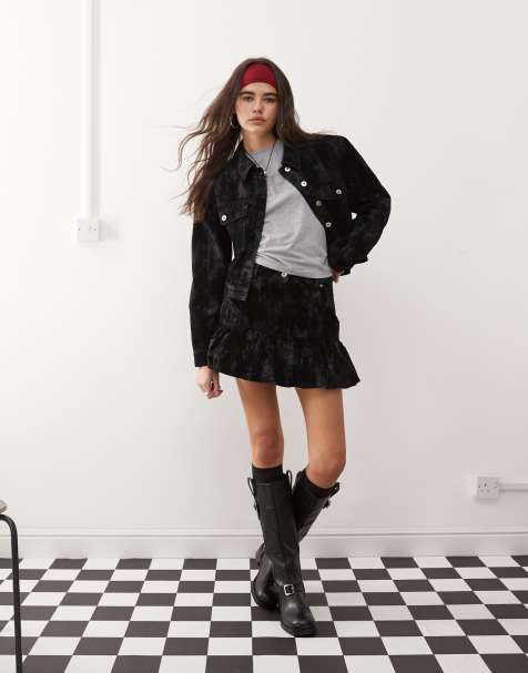 COLLUSION flocked camo print denim bubble skirt co-ord in black - view 1