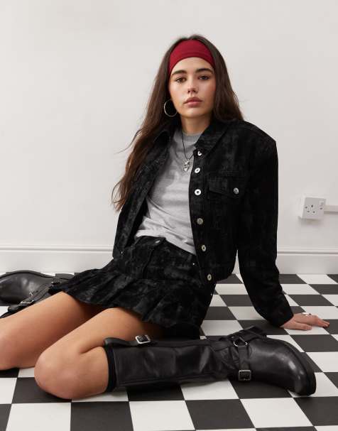 COLLUSION flocked camo print denim jacket co-ord in black - view 1