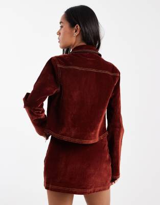 Collusion Flocked Denim Jacket With Contrast Stitching In Brown