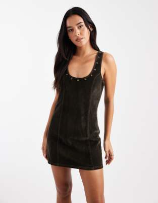 Collusion Flocked Denim Mini Dress With Grommet Studding In Green