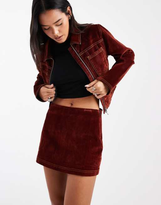 COLLUSION flocked denim mini skirt with contrast stitch in burnt orange (Part of a set), 3 of 5