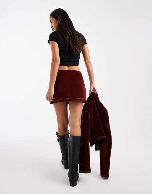 COLLUSION flocked denim mini skirt with contrast stitch in burnt orange (Part of a set), 5 of 5