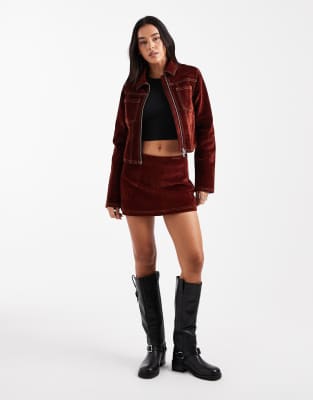 Collusion Flocked Denim Mini Skirt With Contrast Stitching In Brown