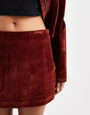 Collusion Flocked Denim Mini Skirt With Contrast Stitching In Brown