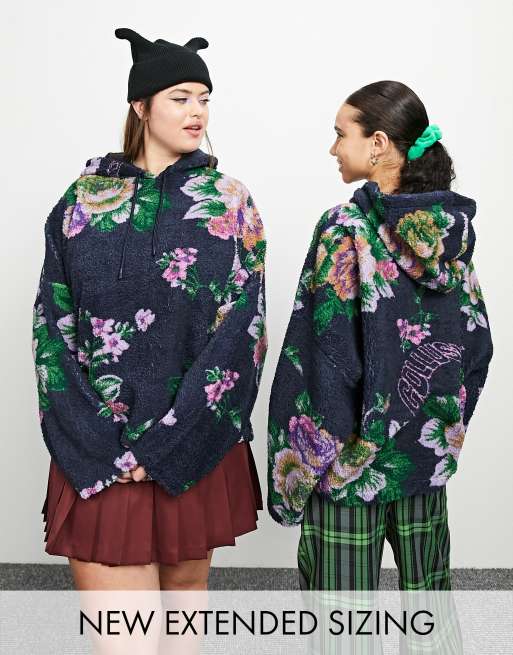 COLLUSION floral borg oversized hoodie in navy