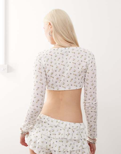 COLLUSION floral pointelle micro crop top in white, 3 of 4
