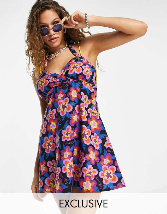 COLLUSION floral print beach halter neck dress in multi