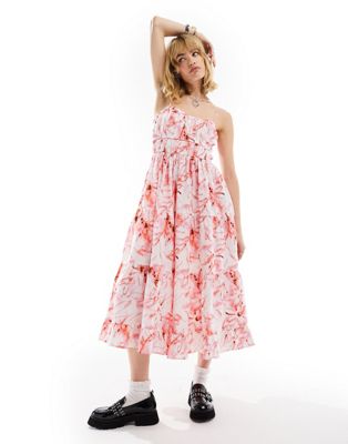 Collusion Floral Print Tiered Cami Midi Summer Dress In Pink-white