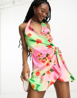 floral print wrap halter mini dress in multi