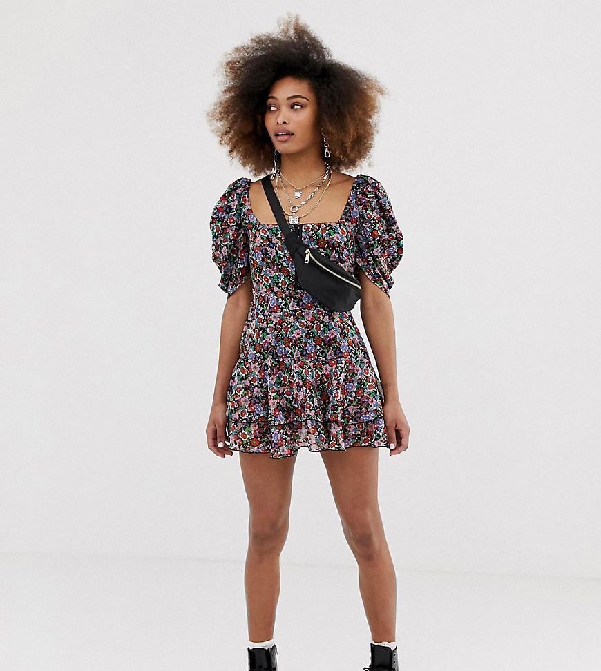 COLLUSION floral ruched sleeve mini dress with hook & eye detail-Multi