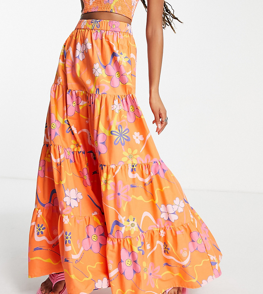 COLLUSION floral tiered maxi skirt in orange