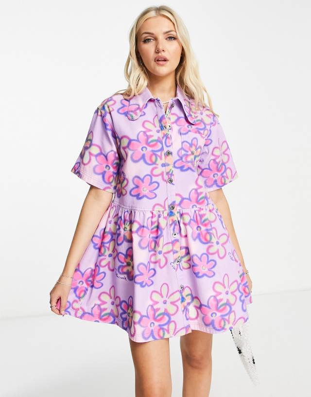 COLLUSION floral twill button down smock dress in purple