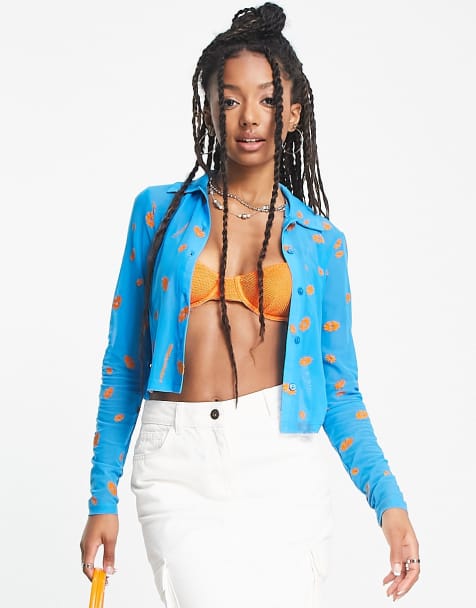 COLLUSION flower embroidered mesh shirt in blue - view 1