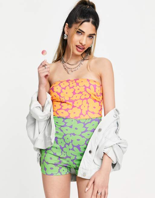 COLLUSION flower print bandeau romper in multi 