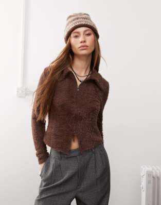 fluffy brown cardigan with double ended zip