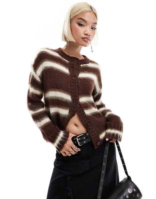 fluffy crew neck cardigan in brown stripe