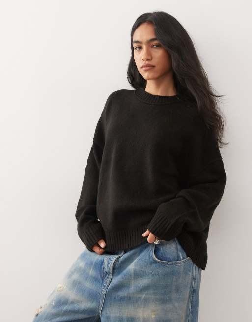 COLLUSION fluffy crew neck sweater in black