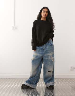 Collusion Fluffy Crew Neck Sweater In Black