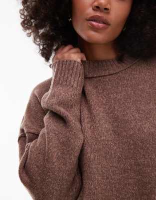 Collusion Fluffy Crew Neck Sweater In Brown