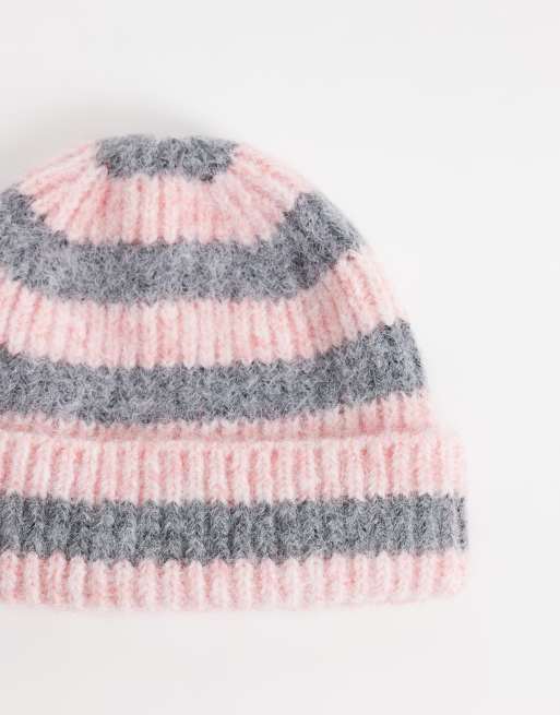 COLLUSION fluffy fisherman beanie in pink stripe, 3 of 3