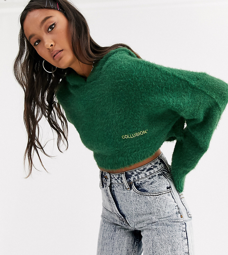 COLLUSION fluffy knit cropped hoodie in khaki-Green