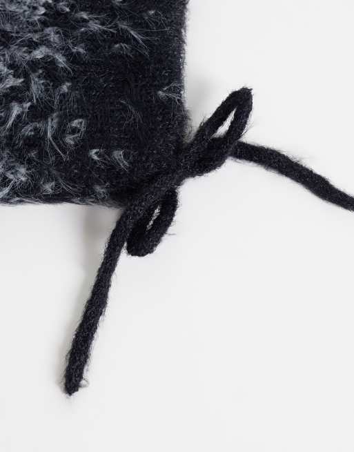 COLLUSION fluffy knit ear beanie with bow details in black & gray ombre, 3 of 3