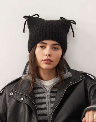 Collusion Fluffy Knit Ear Beanie With Bow Details In Black