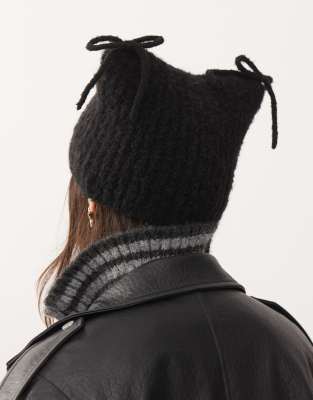Collusion Fluffy Knit Ear Beanie With Bow Details In Black