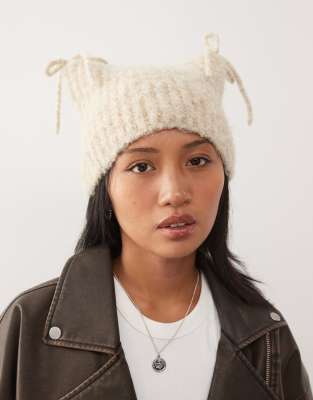 Collusion COLLUSION fluffy knit ear beanie with bow details in stone-Neutral