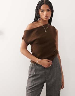 Collusion Fluffy Knit Off The Shoulder Top-brown