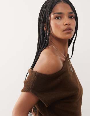 Collusion Fluffy Knit Off The Shoulder Top-brown In Brown