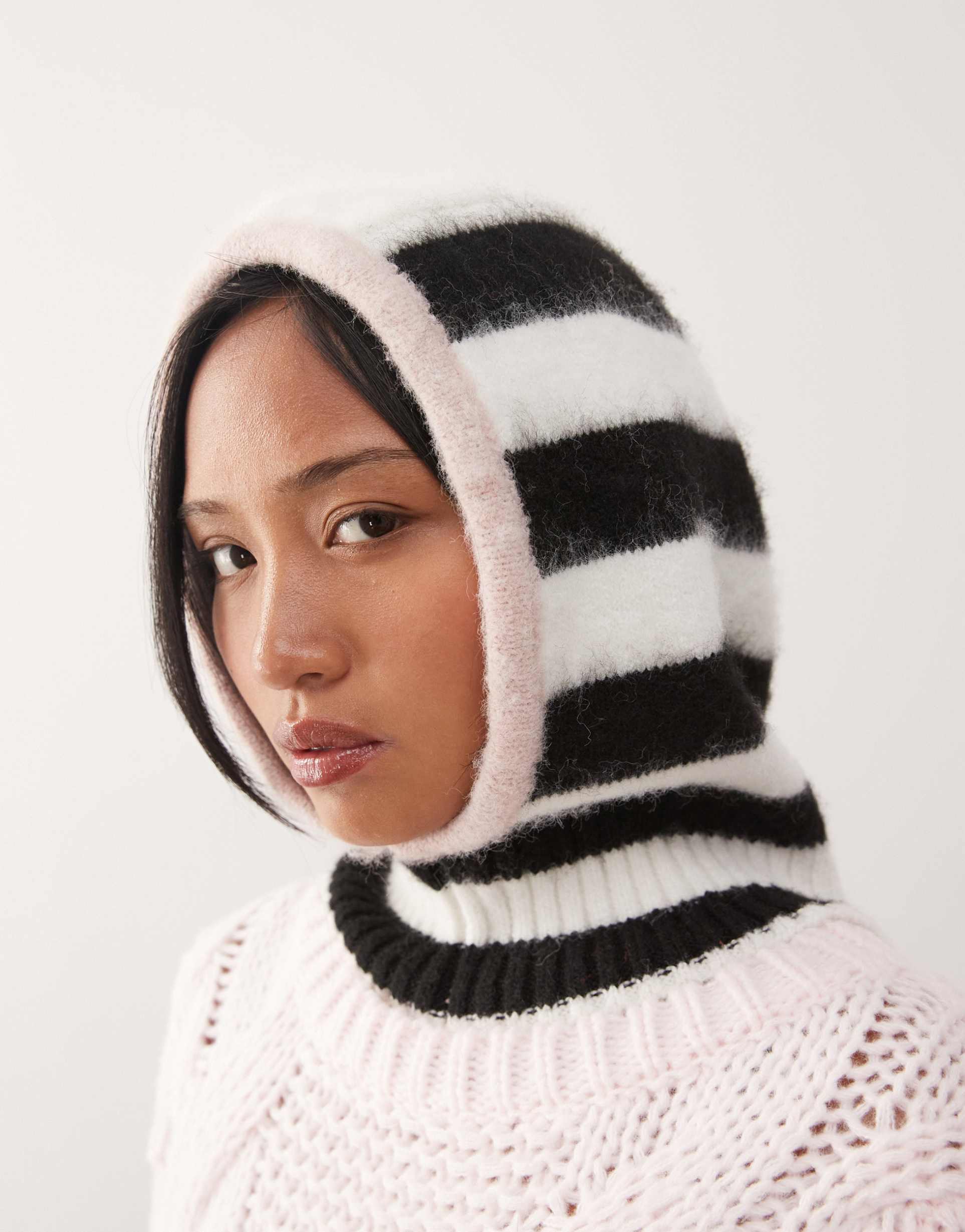 collusion fluffy knit striped balaclava with bow detail in multi