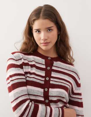 Collusion Fluffy Knit Striped Cardigan-red In Multi