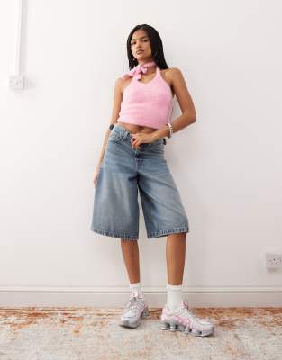 Collusion Fluffy Knit Tie Back Halter Top-pink