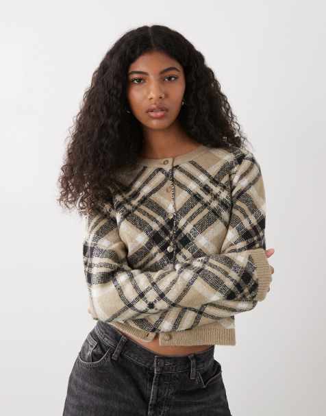 COLLUSION fluffy knitted shrunken cardigan in check - view 1