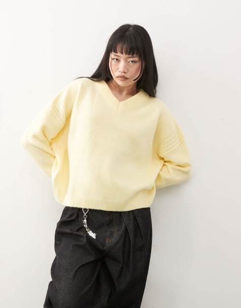 COLLUSION fluffy knitted v neck jumper in buttermilk yellow - view 1