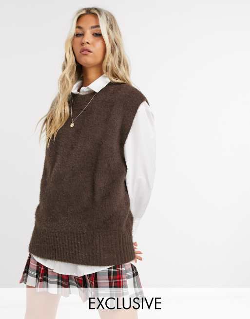 COLLUSION fluffy knitted vest in brown