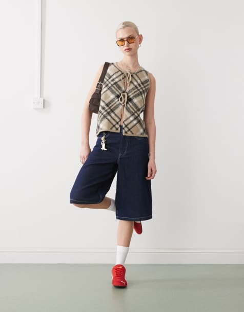 COLLUSION fluffy knitted waist coat in check - view 1