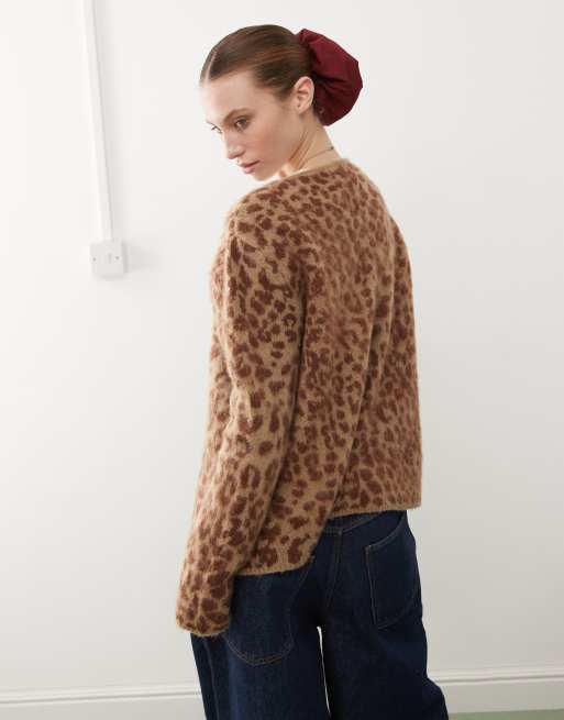 COLLUSION fluffy leopard print v neck cardigan in brown ASOS